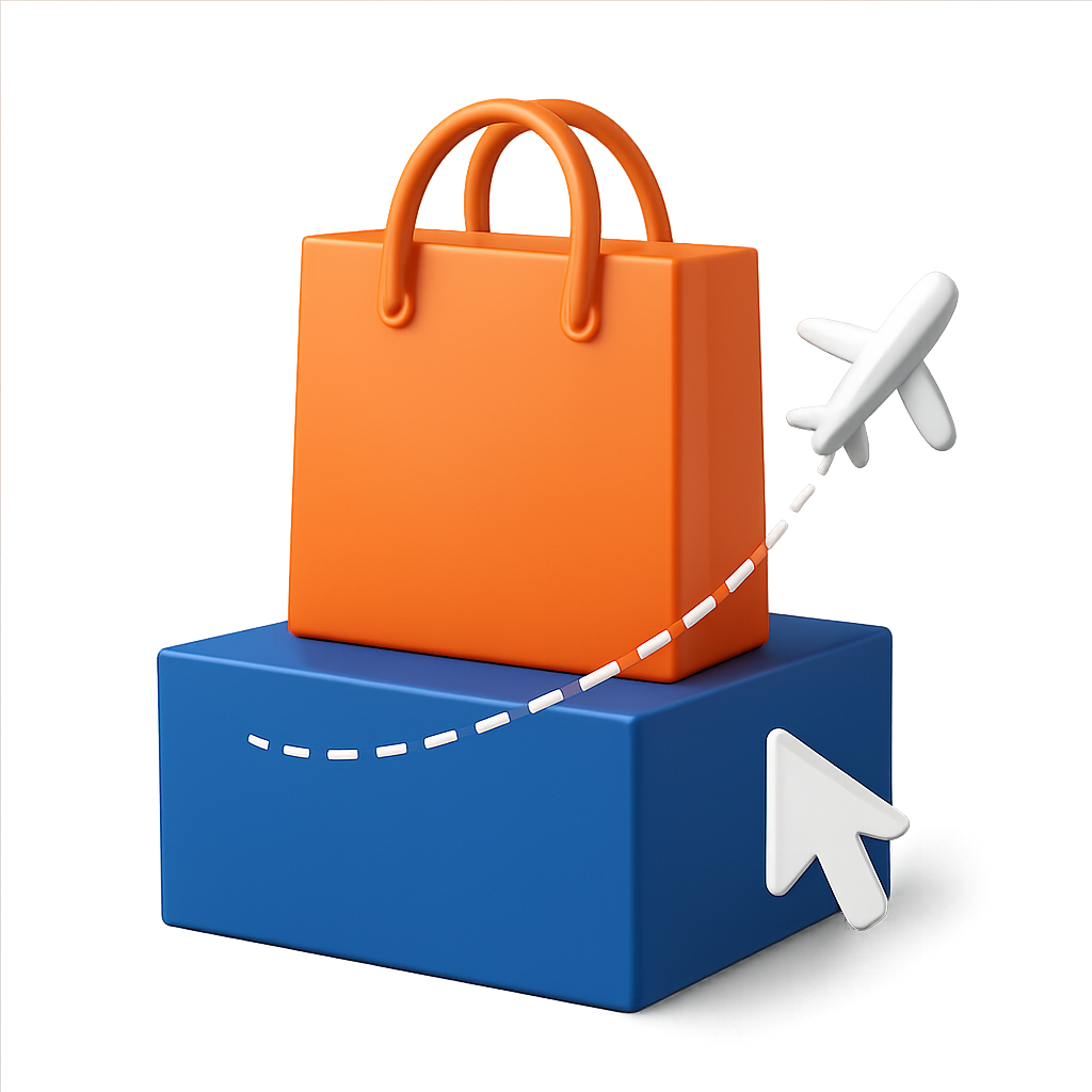 Bolsa de compras Max sobre una caja de envío